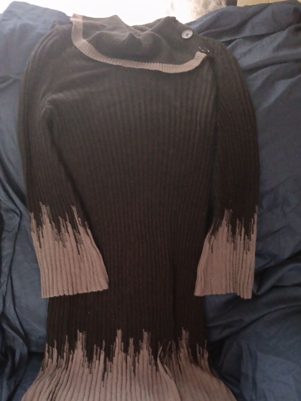 Studio One Black Ribbed Sweater Dress with Taupe Accent Trim